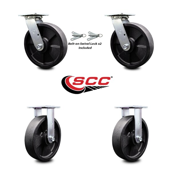 8 Inch Glass Filled Nylon Caster Set with Ball Bearings 2 Swivel Lock 2 Rigid